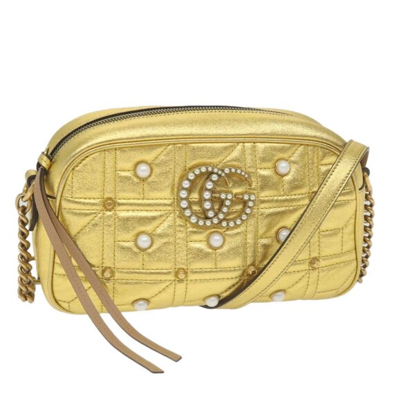 GUCCI GG Marmont Quilted Shoulder Bag Leather Gold Tone Auth